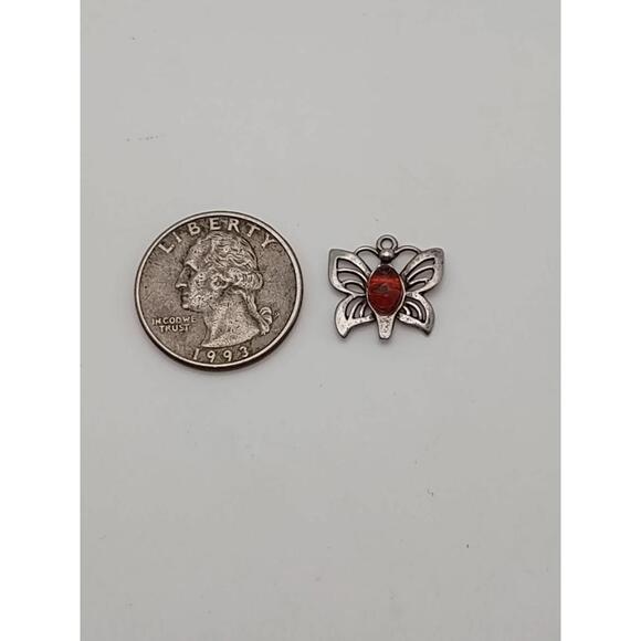 Sterling Silver Butterfly Pendant Amber Color Cabochon - Picture 4 of 4